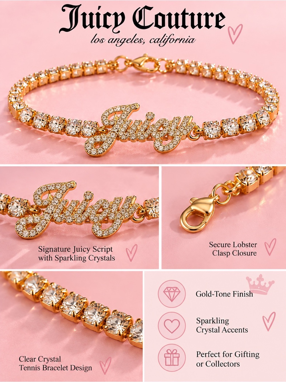 Juicy Couture Juicy Script Crystal Tennis Bracelet Gold Tone New in Gift Box - Picture 3 of 4